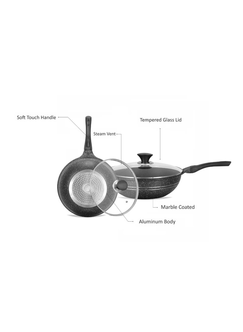 Sonex Eden 30cm Die-Cast Wok Pan with Marble Coating & Glass Lid