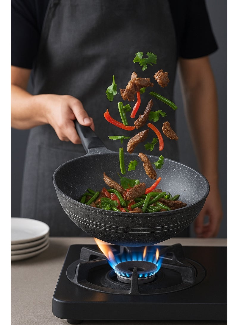 Sonex Eden 30cm Die-Cast Wok Pan with Marble Coating & Glass Lid