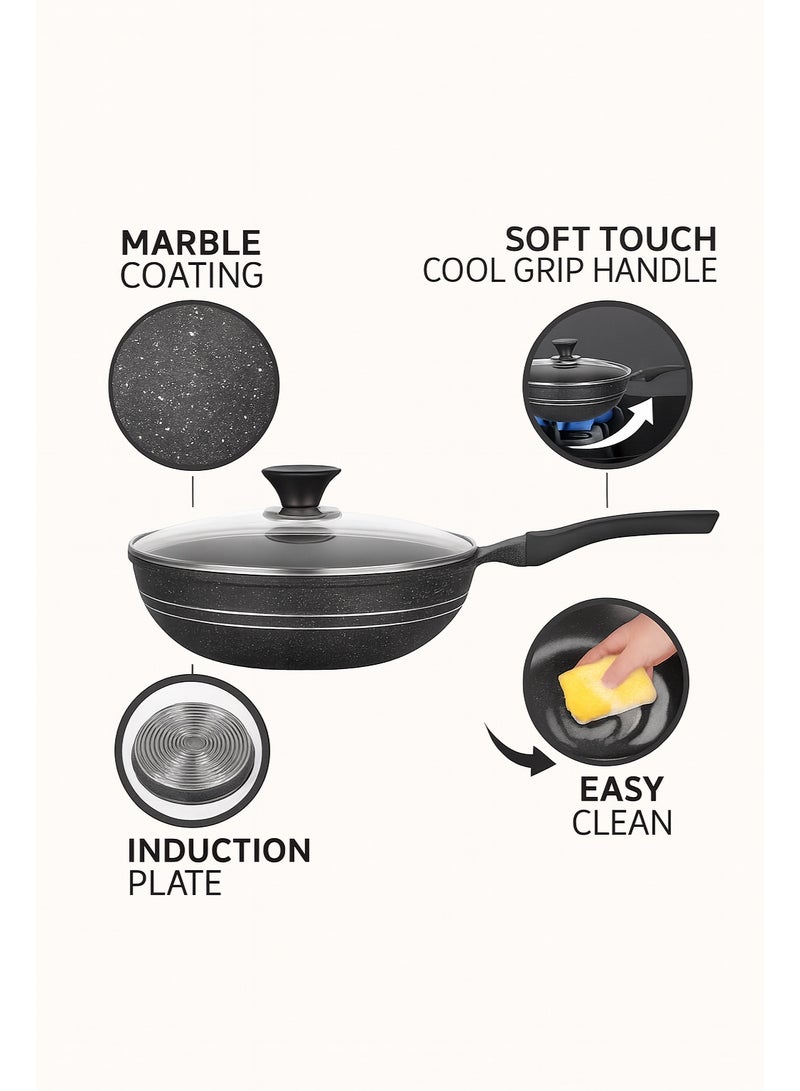 Sonex Eden 30cm Die-Cast Wok Pan with Marble Coating & Glass Lid