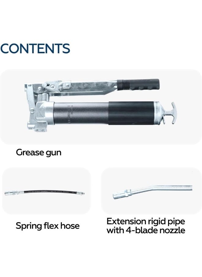 NORDBERG Heavy Duty Professional Dual Piston Grease Gun  No2402, 400 Ml. Grease Gun Kit With Grease Gun Coupler, 1Pcs Extension Rigid Pipe, 1Pcs Flexible Hose And 4-Bladed Nozzle 1Pcs  - Image 5