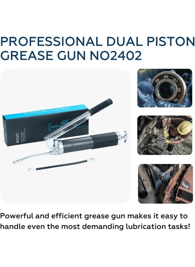 NORDBERG Heavy Duty Professional Dual Piston Grease Gun  No2402, 400 Ml. Grease Gun Kit With Grease Gun Coupler, 1Pcs Extension Rigid Pipe, 1Pcs Flexible Hose And 4-Bladed Nozzle 1Pcs  - Image 2