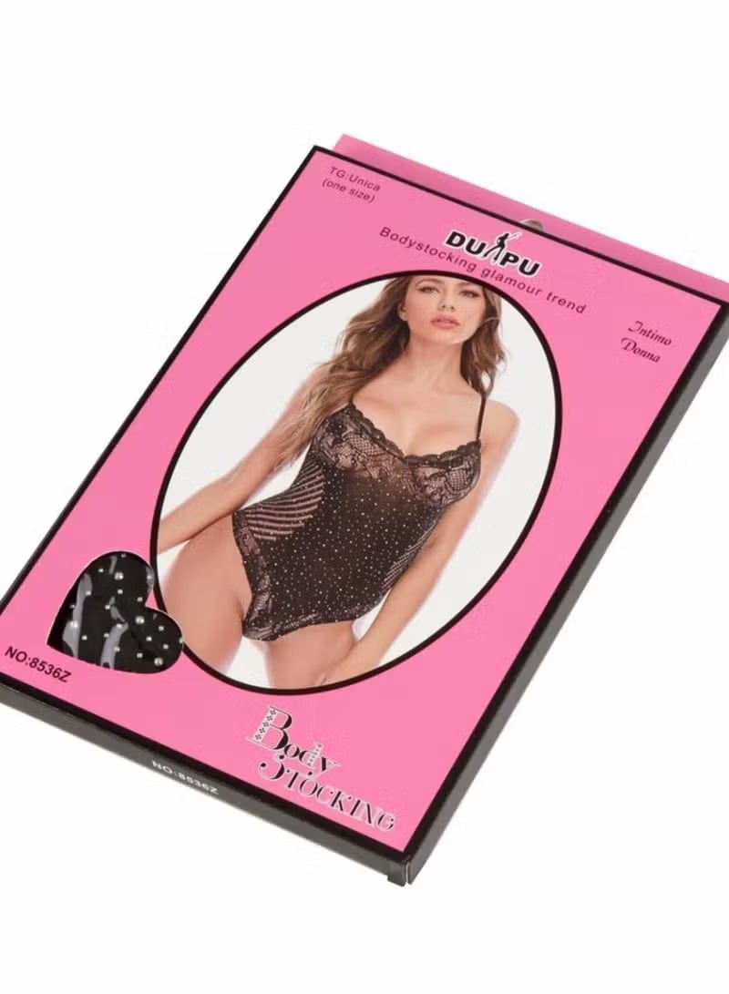 دوبو بدلة جسم شبكية مرصعة بأحجار الراين مع حمالات ودانتيل مقاس MEDIUM Size M Dupu Bodystocking Glamour Trendبدلة جسم شبكية مرصعة بأحجار الراين مع حمالات ودانتيل مقاس MEDIUM Size M Dupu Bodystocking Glamour Trend - Image 2