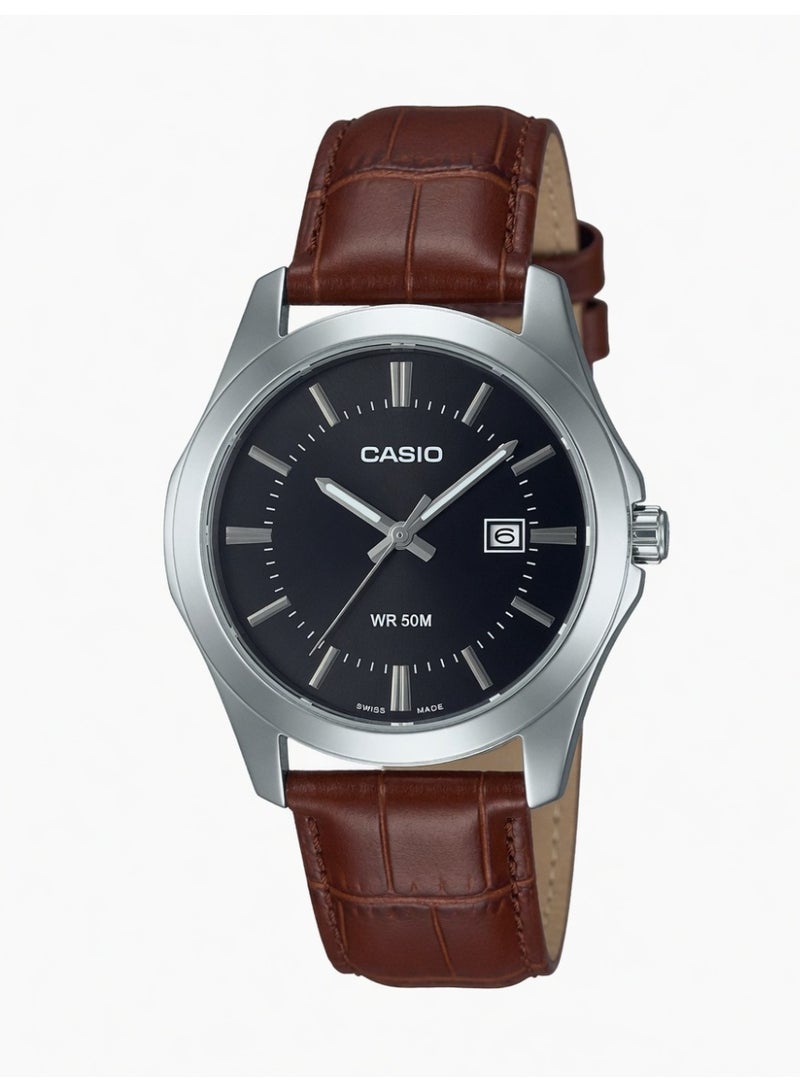 Casio Men's Classic Analog Watch - Black Dial, Brown Leather Band, 50M Water Resistant - MTP-V004L-1B2
