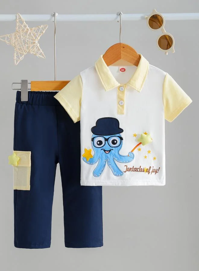 Take Two Boys Embroidered Octopus Polo T-Shirt and Pants Set