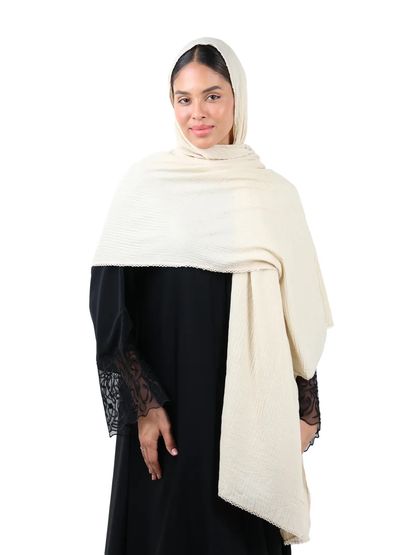 Crinkle Cotton Mix Scarf with Lace Trim & Shimmer (Sand Beige)