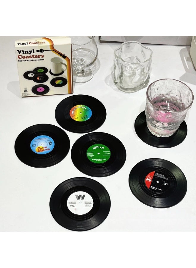 فينيل سجل فينيل على شكل سيليكون الوقايات مجموعة 6 قطعة الرجعية الموسيقى مستوحاة شرب الحصير مع عدم الانزلاق قبضة ومقاومة للحرارة للمنزل بار و عشاق الموسيقى - Image 1