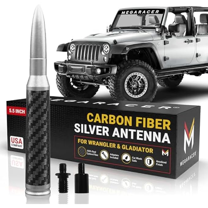 rayihni 5.5 100% Real Carbon Fiber Silver Antenna - 2007-2024 Jeep Wrangler Gladiator 4xe JK JKU JL JLU JT Rubicon Sahara Willys Mojave, 6061 Solid Aluminum, Jeep Antenna Replacement, Pack of 1 - Image 1