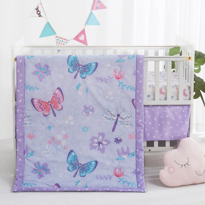 lasoftan 3 Piece Baby Crib Bedding Set, Infant Nursery Bed Set Decor with Quilt + Fitted Crib Sheet + Skirt, Baby Bedding Set Breathable and Soft for Baby Boy and Girl - Purple Butterfly - Image 1