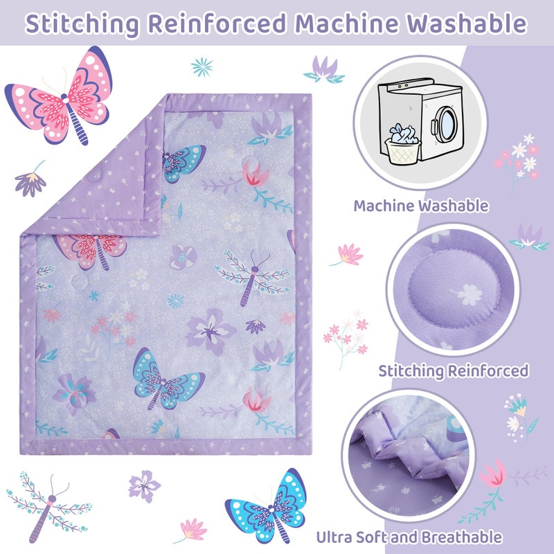 lasoftan 3 Piece Baby Crib Bedding Set, Infant Nursery Bed Set Decor with Quilt + Fitted Crib Sheet + Skirt, Baby Bedding Set Breathable and Soft for Baby Boy and Girl - Purple Butterfly - Image 3