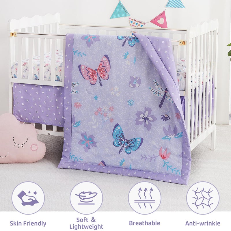 lasoftan 3 Piece Baby Crib Bedding Set, Infant Nursery Bed Set Decor with Quilt + Fitted Crib Sheet + Skirt, Baby Bedding Set Breathable and Soft for Baby Boy and Girl - Purple Butterfly - Image 2