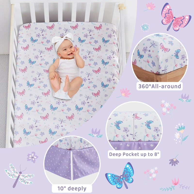 lasoftan 3 Piece Baby Crib Bedding Set, Infant Nursery Bed Set Decor with Quilt + Fitted Crib Sheet + Skirt, Baby Bedding Set Breathable and Soft for Baby Boy and Girl - Purple Butterfly - Image 5