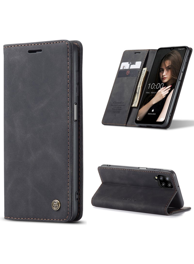 CaseMe Samsung Galaxy A12 4G/5G/M12 Case Wallet Case Book Folding Flip Folio Case with Magnetic Kickstand Card Slots Protective Cover - Black - Image 1