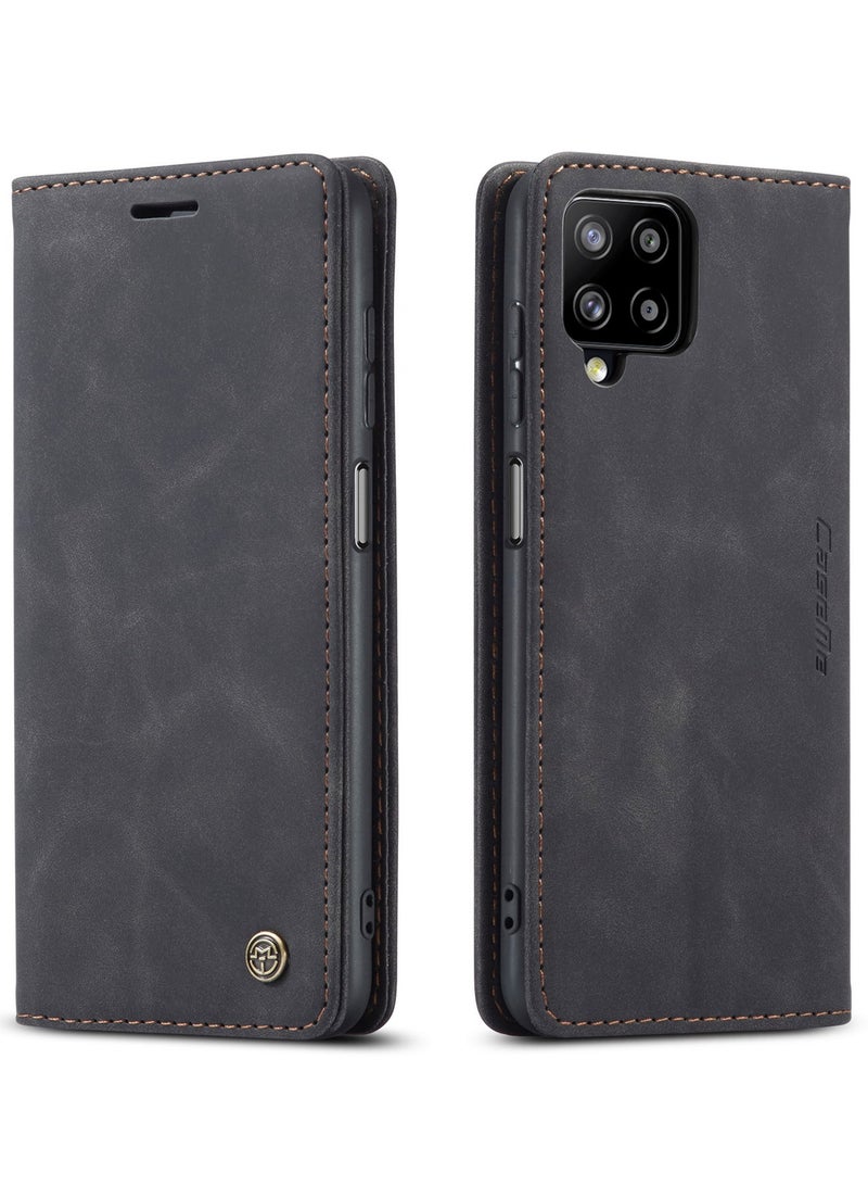 CaseMe Samsung Galaxy A12 4G/5G/M12 Case Wallet Case Book Folding Flip Folio Case with Magnetic Kickstand Card Slots Protective Cover - Black - Image 2