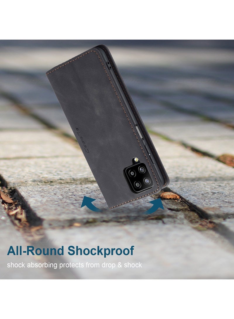 CaseMe Samsung Galaxy A12 4G/5G/M12 Case Wallet Case Book Folding Flip Folio Case with Magnetic Kickstand Card Slots Protective Cover - Black - Image 3