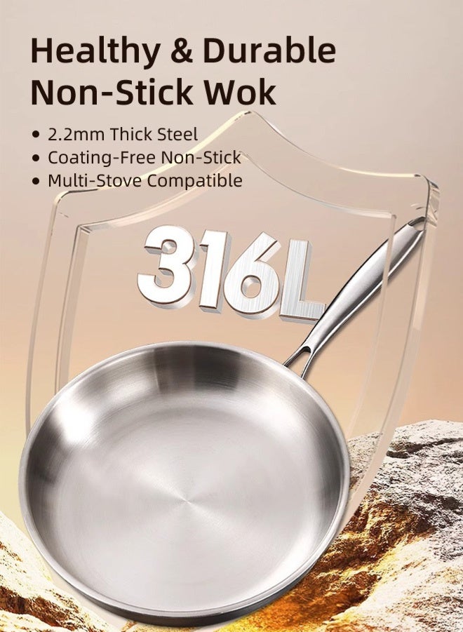 Zcheer 5-Ply Stainless Steel Frying Pan, SUS316L Medical-Grade Flat-Bottom Skillet, PFOA-free pan, 2.2mm Thickened Steel, 28cm Fry Pan with Lid, Rivet-Free One-Piece Design, 22cm Cool-Touch Handle, Compatible with Induction, Gas, Ceramic, and Cassette Stoves - Image 1