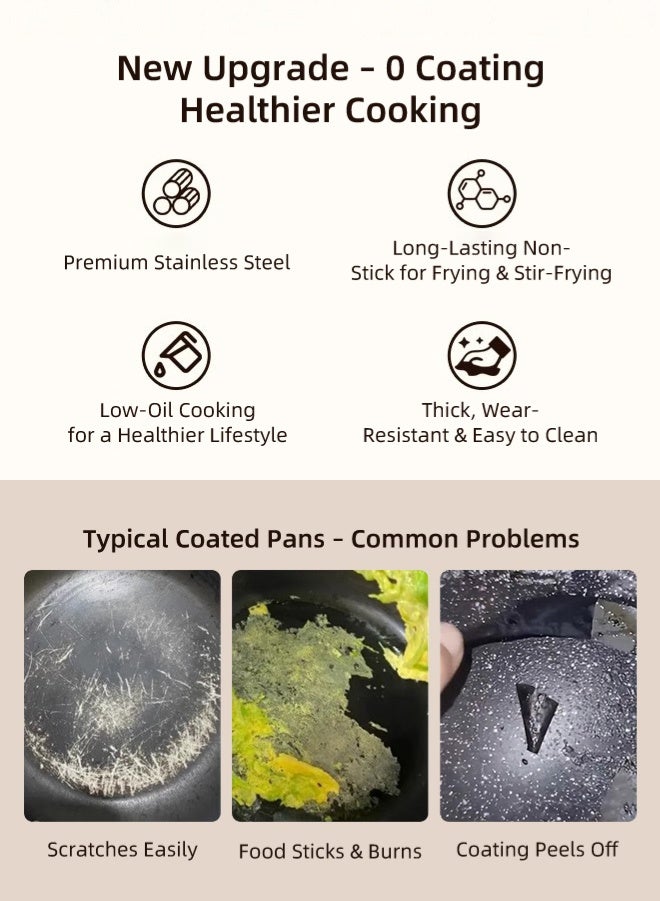 Zcheer 5-Ply Stainless Steel Frying Pan, SUS316L Medical-Grade Flat-Bottom Skillet, PFOA-free pan, 2.2mm Thickened Steel, 28cm Fry Pan with Lid, Rivet-Free One-Piece Design, 22cm Cool-Touch Handle, Compatible with Induction, Gas, Ceramic, and Cassette Stoves - Image 3