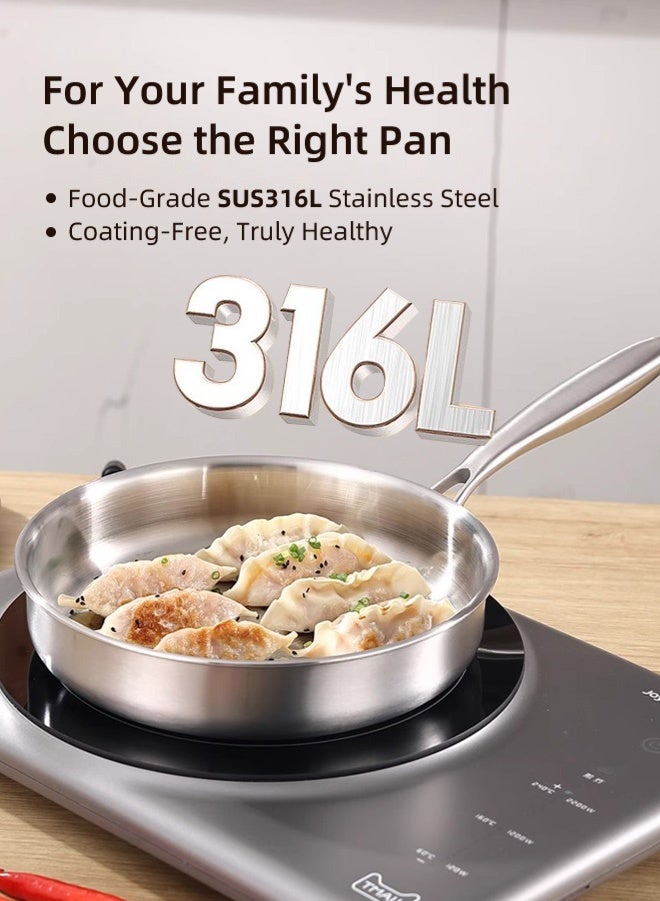 Zcheer 5-Ply Stainless Steel Frying Pan, SUS316L Medical-Grade Flat-Bottom Skillet, PFOA-free pan, 2.2mm Thickened Steel, 28cm Fry Pan with Lid, Rivet-Free One-Piece Design, 22cm Cool-Touch Handle, Compatible with Induction, Gas, Ceramic, and Cassette Stoves - Image 4