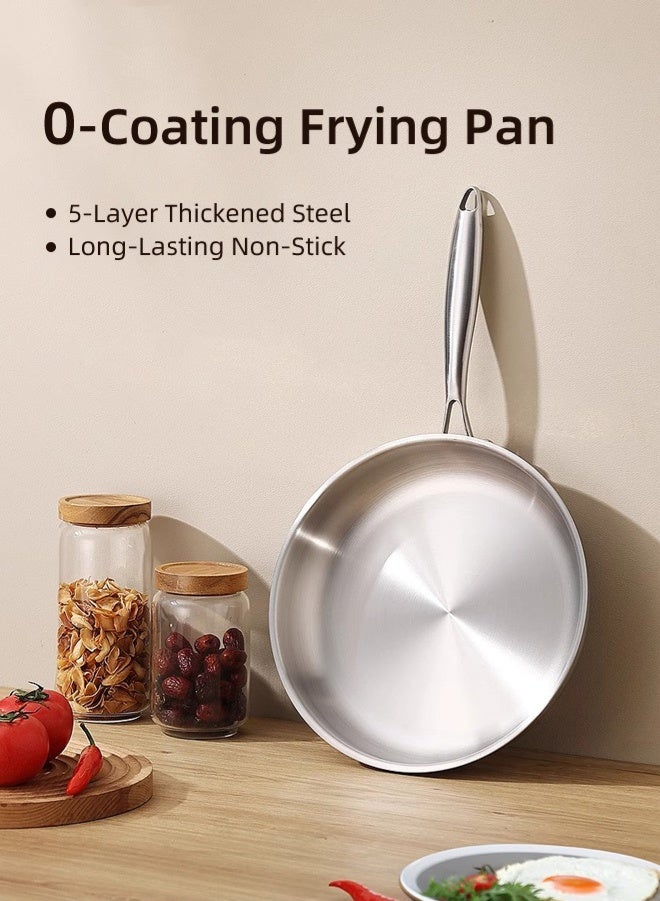 Zcheer 5-Ply Stainless Steel Frying Pan, SUS316L Medical-Grade Flat-Bottom Skillet, PFOA-free pan, 2.2mm Thickened Steel, 28cm Fry Pan with Lid, Rivet-Free One-Piece Design, 22cm Cool-Touch Handle, Compatible with Induction, Gas, Ceramic, and Cassette Stoves - Image 2
