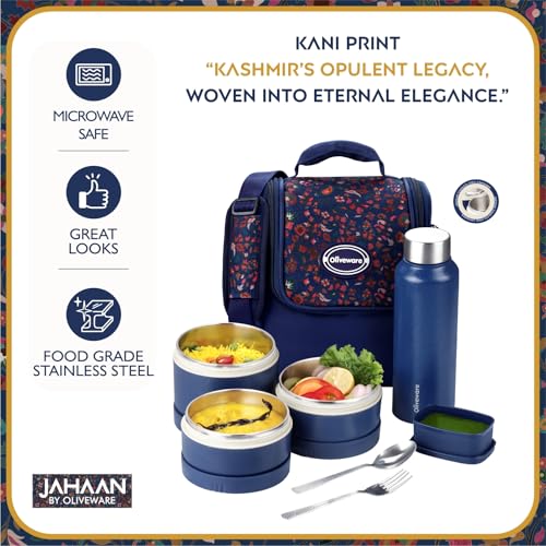 SOPL-OLIVEWARE oliveware TESO Musk Lunch Box | 3 Microwave-Safe Containers (2×420ml, 1×620ml) + 750ml Steel Bottle + 130ml Pickle Box + Steel Cutlery | Premium Carry Bag | Freezer & Dishwasher Safe (Blue) - Image 4
