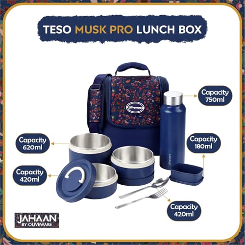 SOPL-OLIVEWARE oliveware TESO Musk Lunch Box | 3 Microwave-Safe Containers (2×420ml, 1×620ml) + 750ml Steel Bottle + 130ml Pickle Box + Steel Cutlery | Premium Carry Bag | Freezer & Dishwasher Safe (Blue) - Image 2