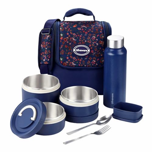 SOPL-OLIVEWARE oliveware TESO Musk Lunch Box | 3 Microwave-Safe Containers (2×420ml, 1×620ml) + 750ml Steel Bottle + 130ml Pickle Box + Steel Cutlery | Premium Carry Bag | Freezer & Dishwasher Safe (Blue) - Image 1