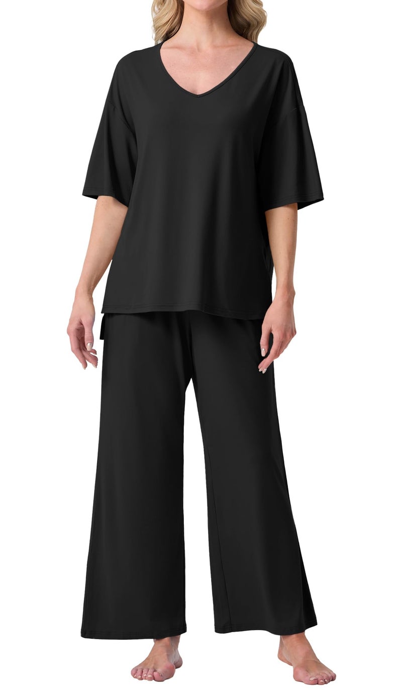 PrinStory Womens Pajama Sets Short Sleeve Pajamas Set 2 Piece Pjs Sets for Women Comfy Loungewear with Pockets Black-2XL - Image 2
