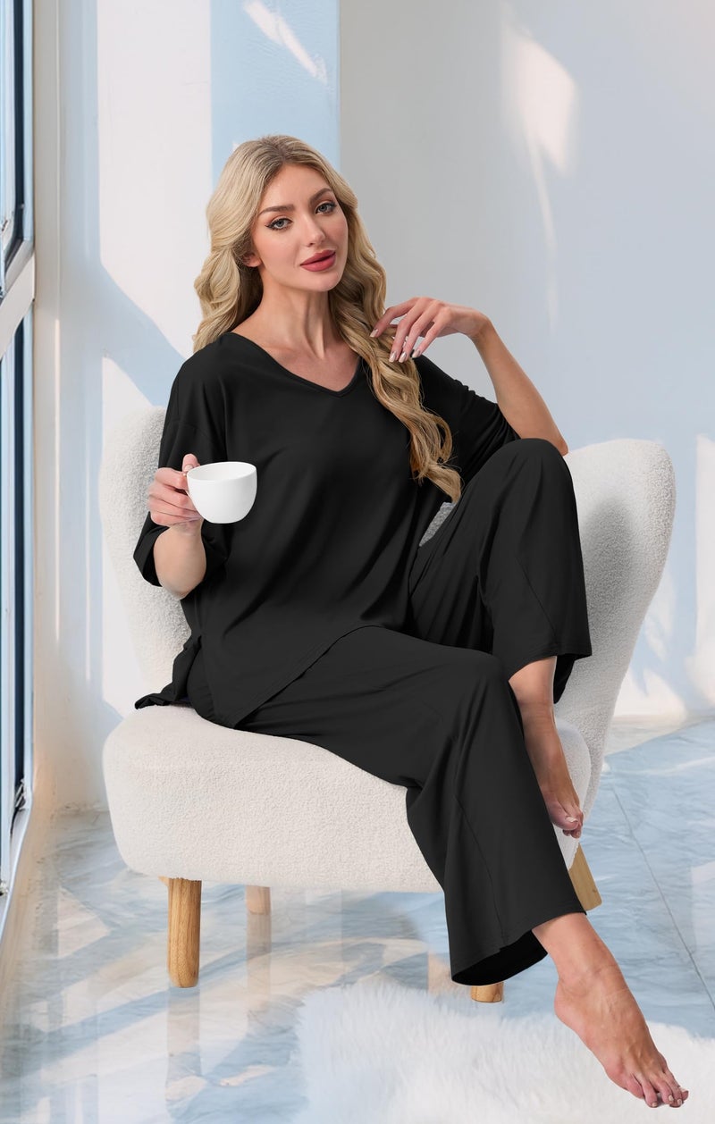 PrinStory Womens Pajama Sets Short Sleeve Pajamas Set 2 Piece Pjs Sets for Women Comfy Loungewear with Pockets Black-2XL - Image 4