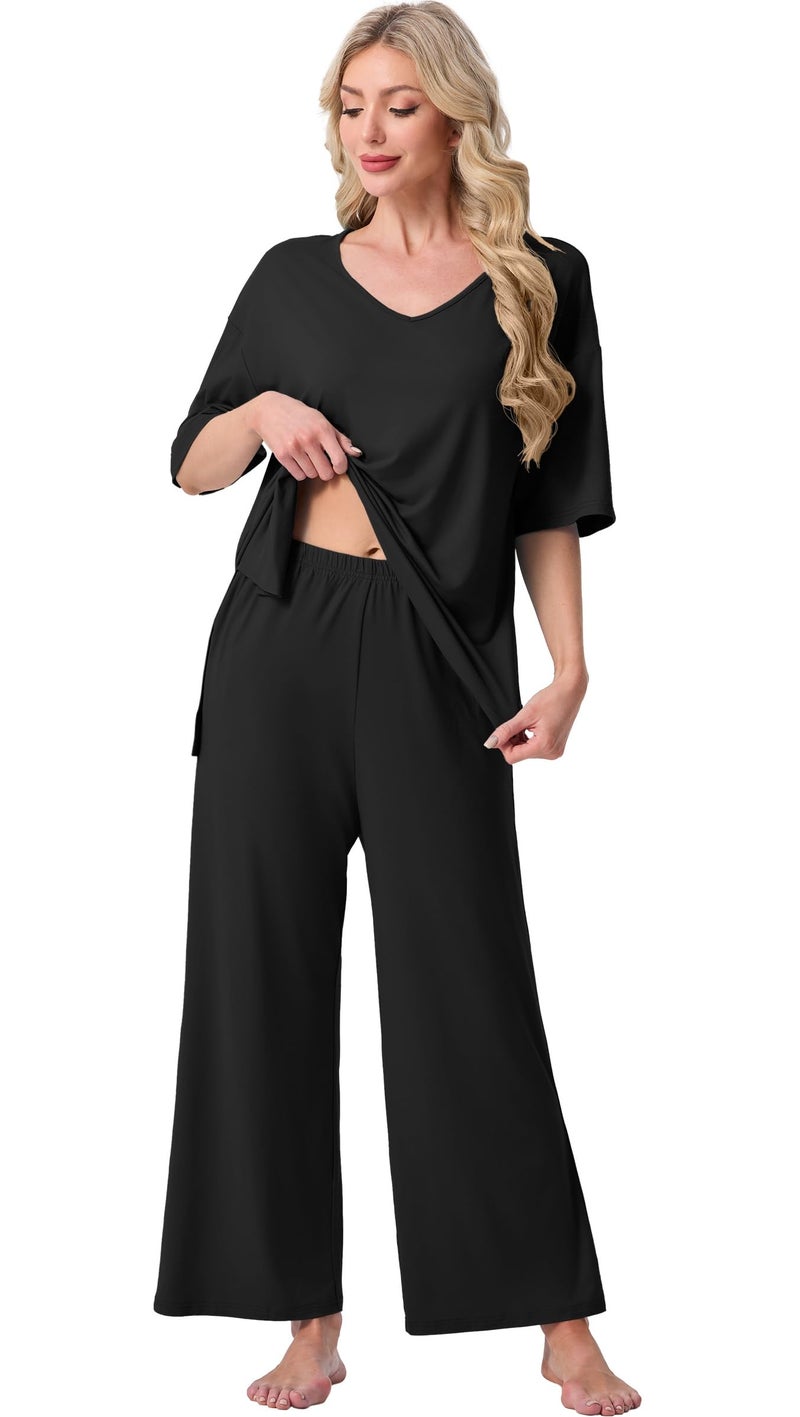 PrinStory Womens Pajama Sets Short Sleeve Pajamas Set 2 Piece Pjs Sets for Women Comfy Loungewear with Pockets Black-2XL - Image 5