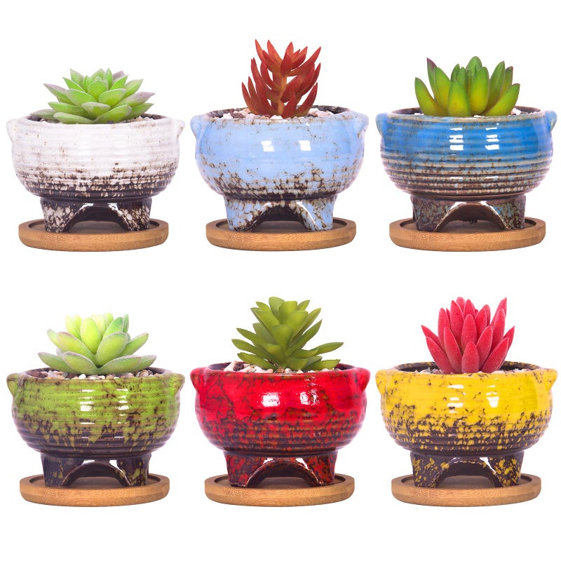 ARTKETTY Succulent Pots - 4 Inch Small Succulent Plant Pots with Drainage Tray Set of 6, Ceramic Pots for Indoor Plants Colorful Cactus Flower Pot for Garden Home Decor - Image 1