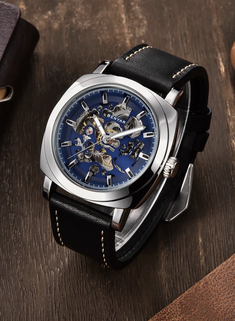 BENYAR Automatic Watches for Men | Skeleton Mechanical Leather Strap Mens Watch | 45mm Dial | 30M Waterproof | Men's Stylish Gift - Image 4
