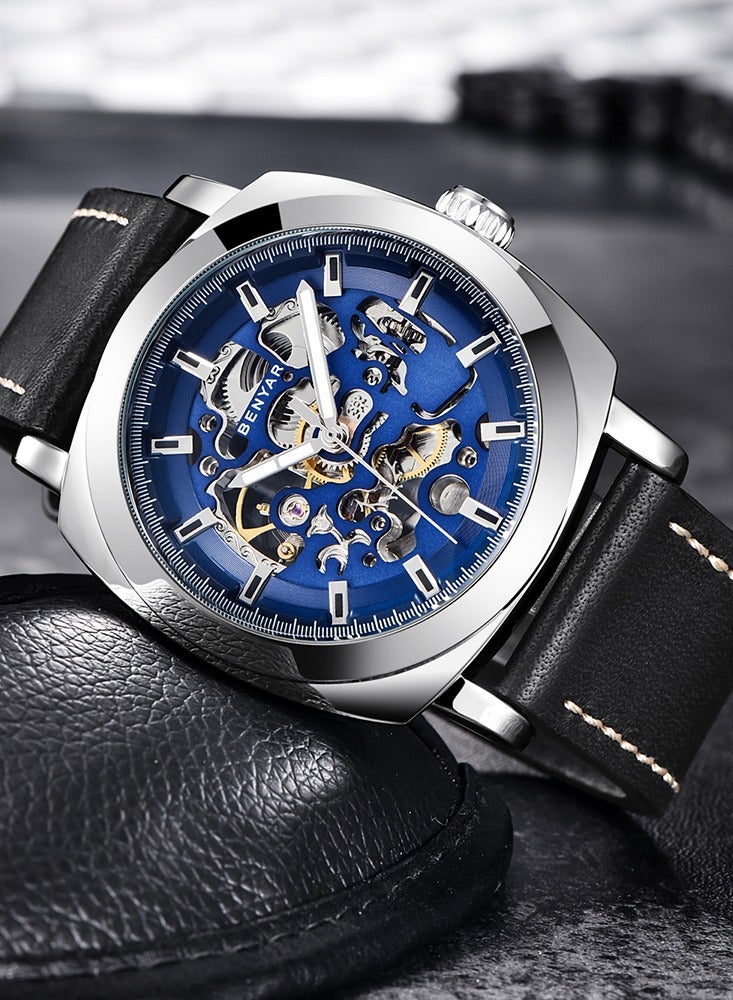BENYAR Automatic Watches for Men | Skeleton Mechanical Leather Strap Mens Watch | 45mm Dial | 30M Waterproof | Men's Stylish Gift - Image 3
