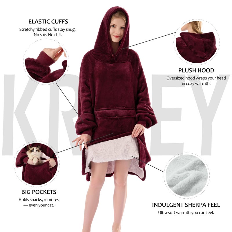 Krifey Wearable Blanket Hoodie, Oversized Sherpa Hooded as Birthday Gifts for Mom Women Girlfriend Men, Cozy Sweatshirt with Giant Pocket - Image 4