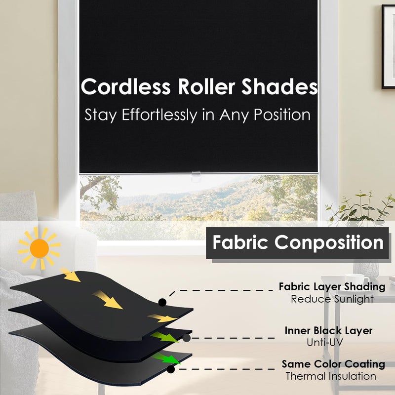 TOVALOR Cordless 100% Blackout Roller Shades for Windows,UV Protection Pull Down Shades,Room Darkening Door Blinds Thermal Insulated Fabric for Home Office and Bedroom(14" W x 72" H,Black) - Image 1