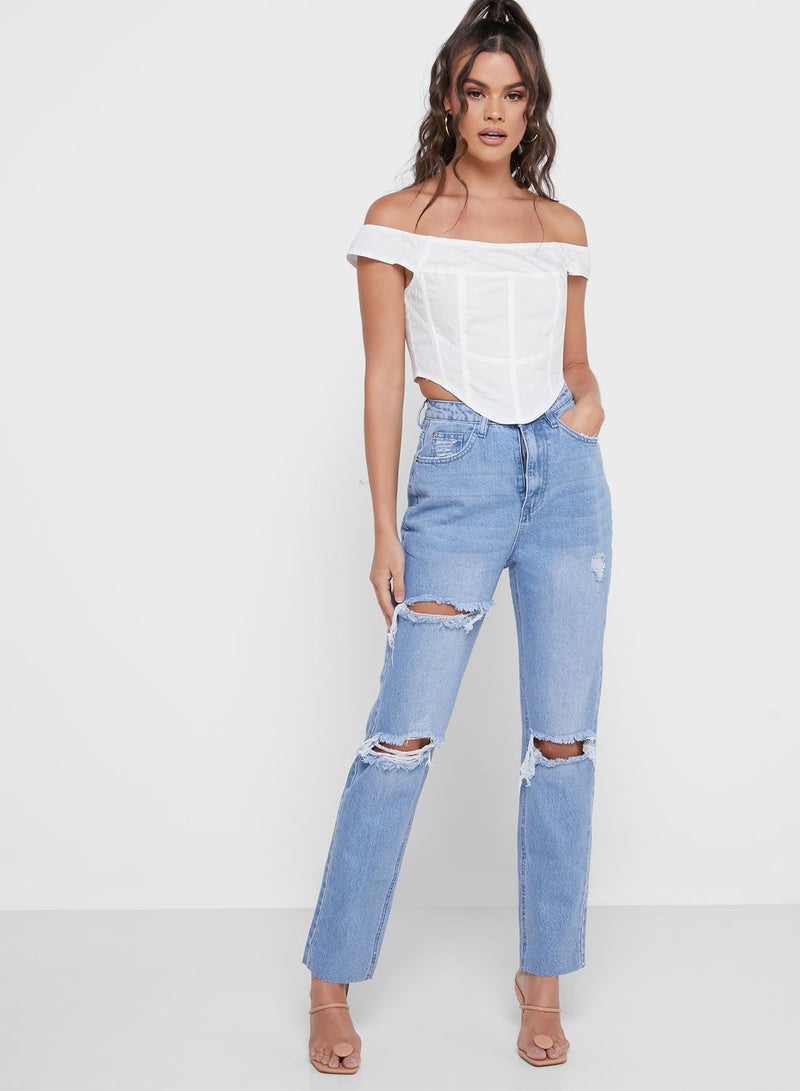 Missguided High Waisted Ripped Straight Jeans - Image 1