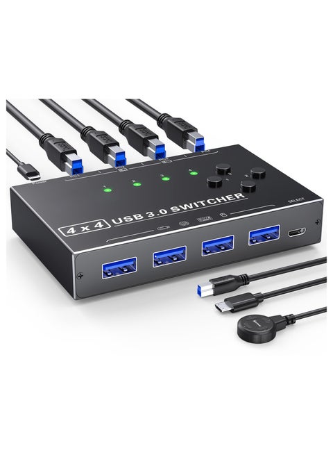 USB 3.0 Switch 4 Computers, 4 Port USB Switch Selector for 4 Computer Share 4 USB Devices, Keyboard Mouse Switch with USB Cables, USB Switcher with Wired Remote and 4 Standard USB-B Cables