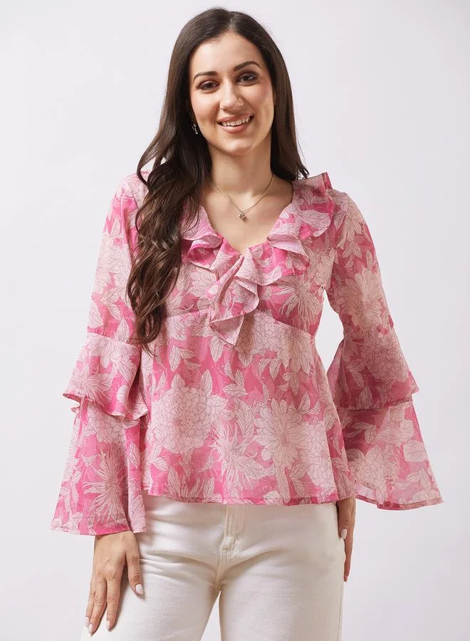globus Globus Pink Layered Flared Sleeves Georgette Top