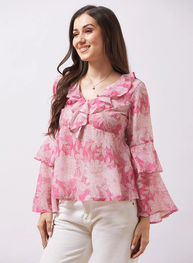 globus Globus Pink Layered Flared Sleeves Georgette Top