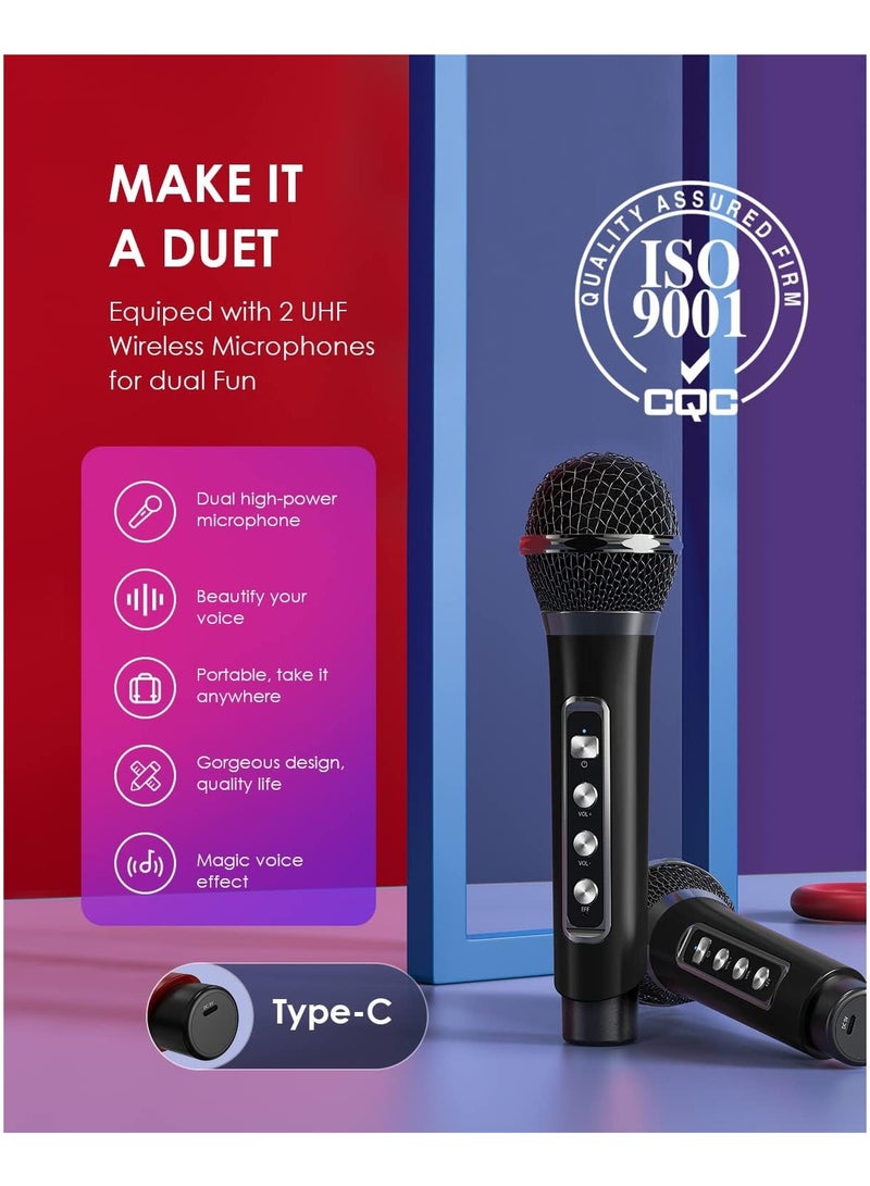TIGER Karaoke Machine with 2 UHF Wireless Microphones for Adults/Kids – Portable Bluetooth PA Speaker System with LED Lights, Echo & Bass Adjustment, Vocal Cut for Home Parties, Weddings & Meetings – Perfect for Family Entertainment - Image 3