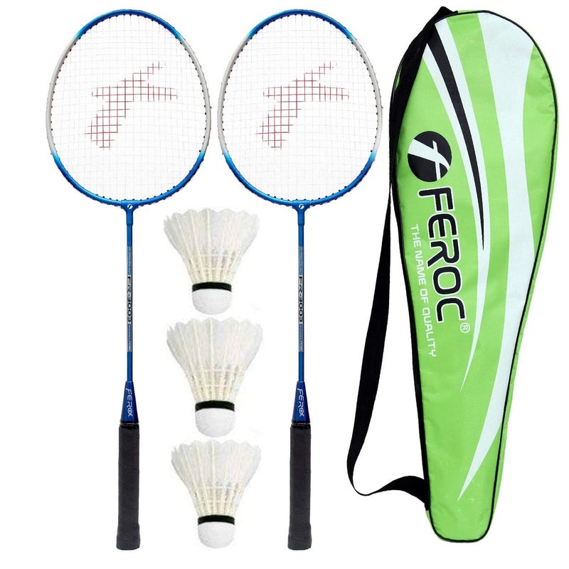 FEROC 2 Pieces Aluminium Badminton Racket with 3 Pieces Feather Shuttles with Full-Cover Set,Aluminum, Multicolor (Blue) - Image 1