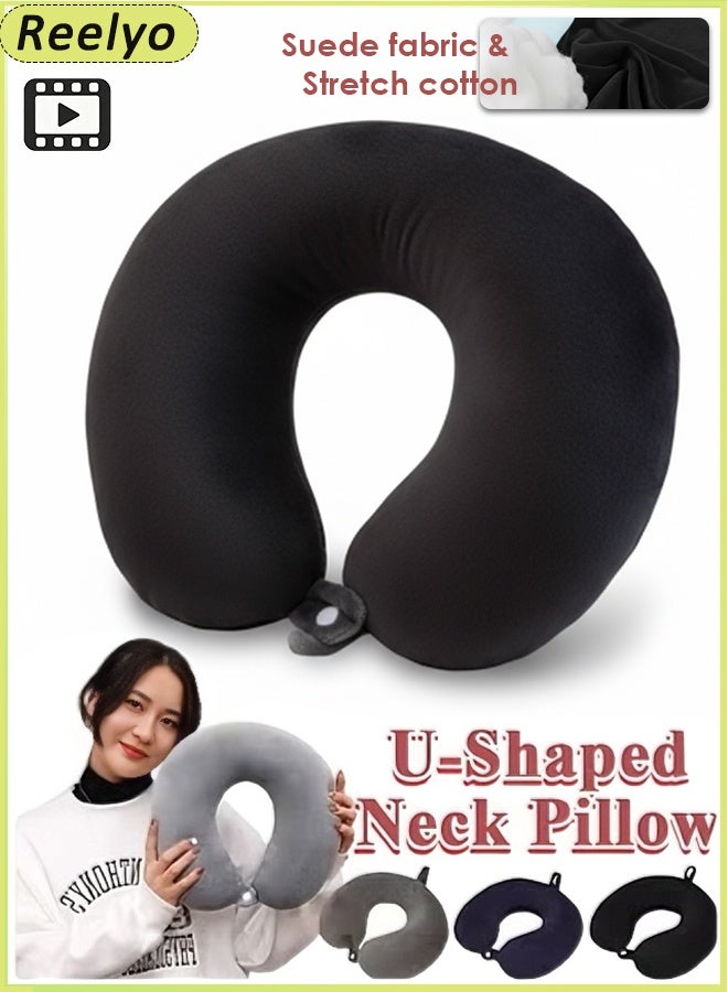 Reelyo Travel Neck Pillow - Lightweight Fleece Casing U-Shaped Stuffable Memory Foam Travel Pillow for Sleeping and Neck Support, Black - Image 1