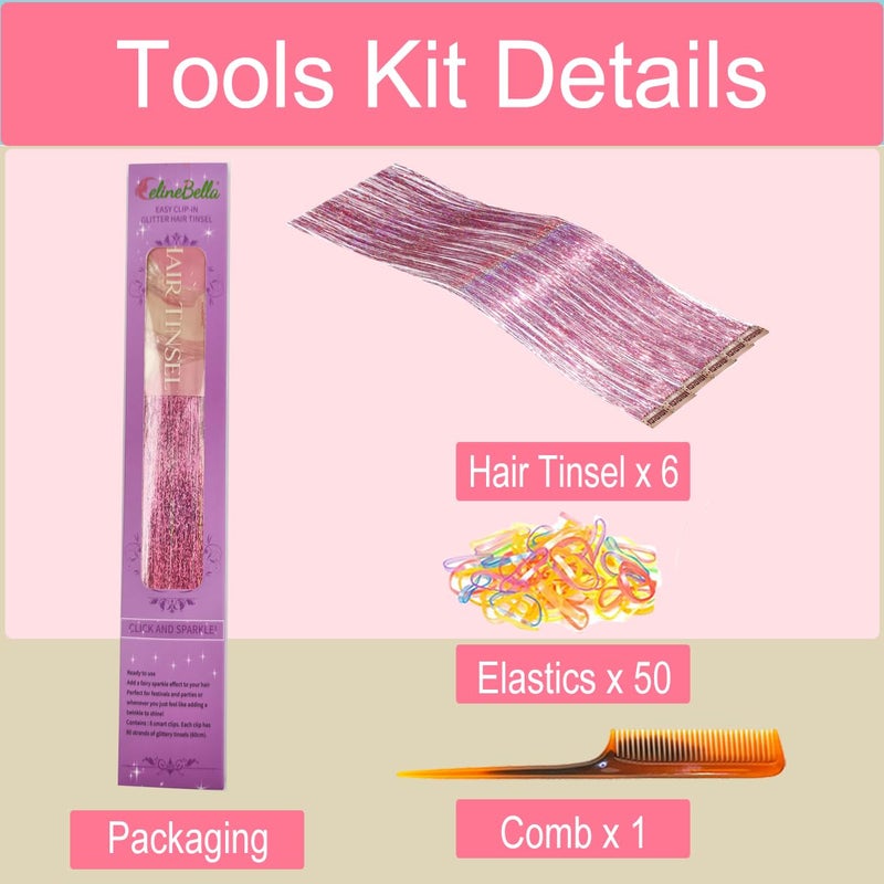 CelineBella Pink Hair Tinsel with Tools, Clip in, 80 Strands/Pc,24 Inches Long,Fairy Hair for New Year Halloween Cosplay Daily Use Hair Sparkle for Women - Image 2