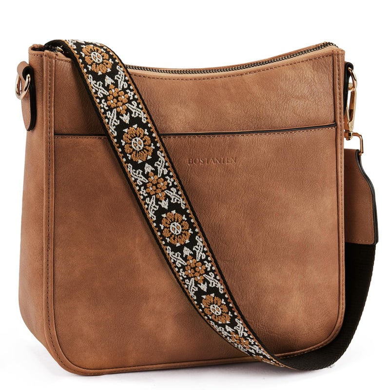 BOSTANTEN Crossbody Bags for Women Trendy Vegan Leather Hobo Purses Shoulder Handbags With Wide Shoulder Strap Brown - Image 1