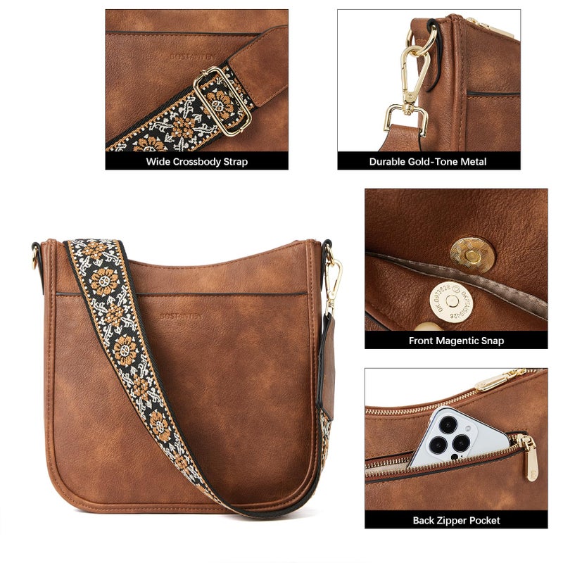BOSTANTEN Crossbody Bags for Women Trendy Vegan Leather Hobo Purses Shoulder Handbags With Wide Shoulder Strap Brown - Image 5