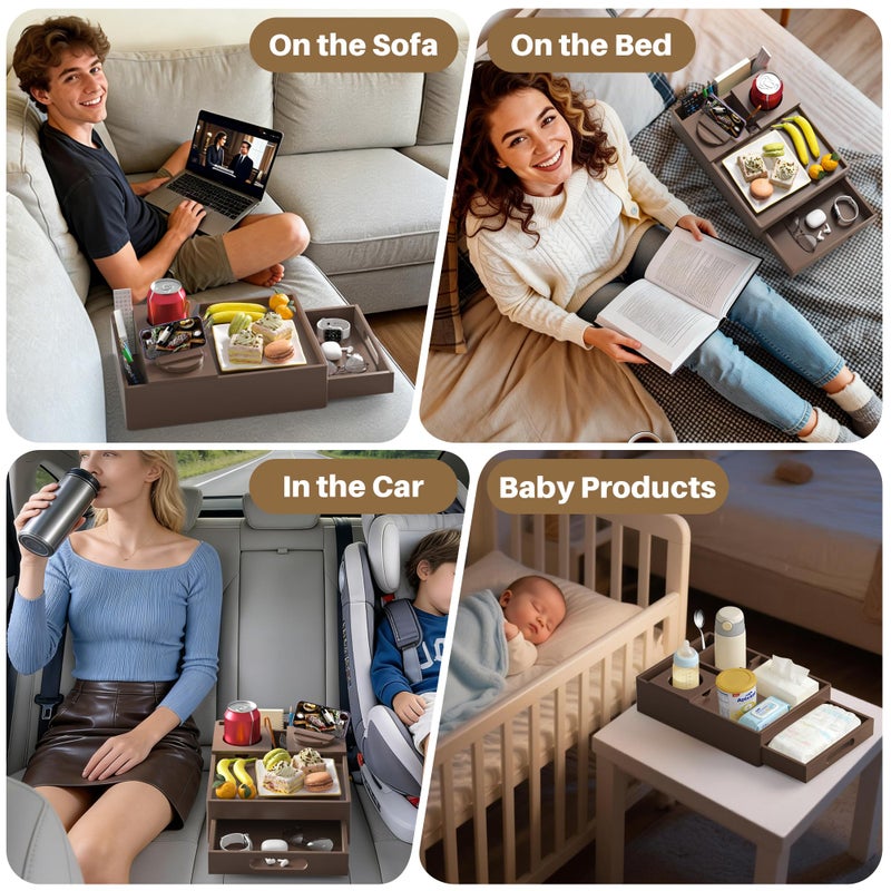 SouStoCol Couch Cup Holder Tray, 7-in-1 Couch Caddy Tray, Sofa Side Table with Push-Pull Drawer to Organize and Store Small Objects, 360Â°Swivel Phone Holder, for Drinks, Cups, Snacks, Remoteï¼ˆChestnutï¼‰ - Image 2