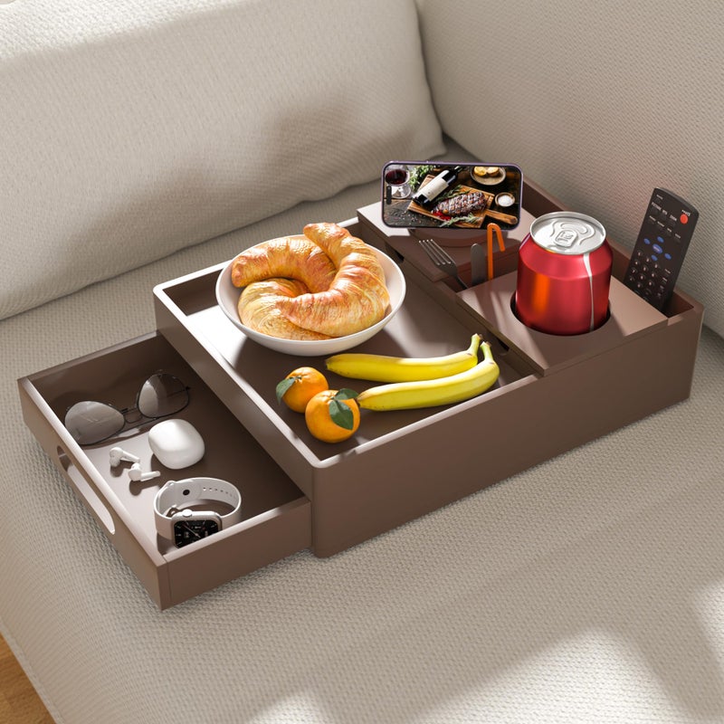 SouStoCol Couch Cup Holder Tray, 7-in-1 Couch Caddy Tray, Sofa Side Table with Push-Pull Drawer to Organize and Store Small Objects, 360Â°Swivel Phone Holder, for Drinks, Cups, Snacks, Remoteï¼ˆChestnutï¼‰ - Image 1
