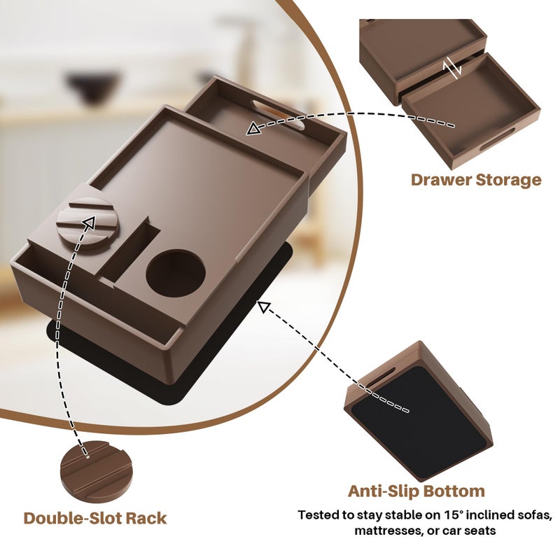 SouStoCol Couch Cup Holder Tray, 7-in-1 Couch Caddy Tray, Sofa Side Table with Push-Pull Drawer to Organize and Store Small Objects, 360Â°Swivel Phone Holder, for Drinks, Cups, Snacks, Remoteï¼ˆChestnutï¼‰ - Image 5