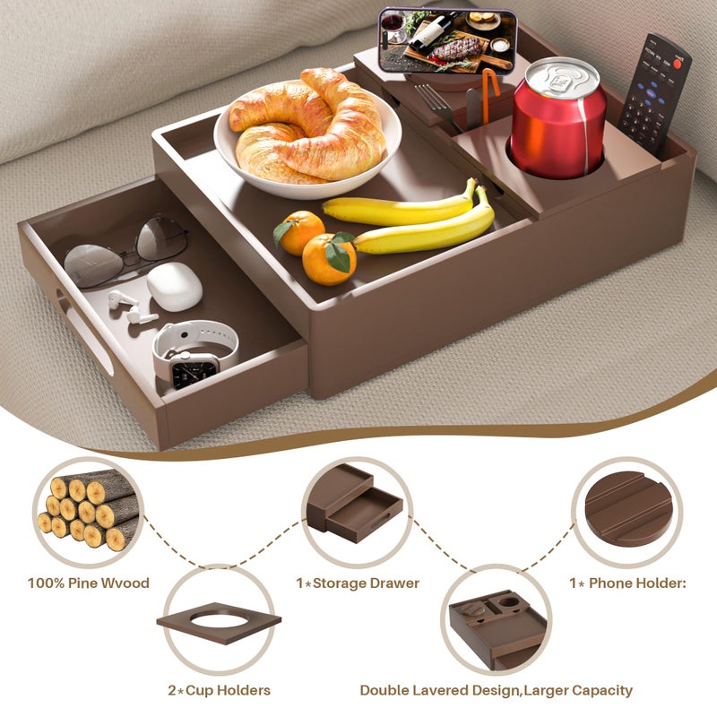 SouStoCol Couch Cup Holder Tray, 7-in-1 Couch Caddy Tray, Sofa Side Table with Push-Pull Drawer to Organize and Store Small Objects, 360Â°Swivel Phone Holder, for Drinks, Cups, Snacks, Remoteï¼ˆChestnutï¼‰ - Image 4