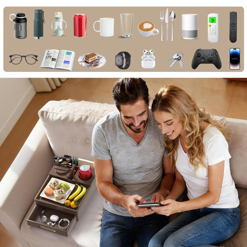 SouStoCol Couch Cup Holder Tray, 7-in-1 Couch Caddy Tray, Sofa Side Table with Push-Pull Drawer to Organize and Store Small Objects, 360Â°Swivel Phone Holder, for Drinks, Cups, Snacks, Remoteï¼ˆChestnutï¼‰ - Image 3