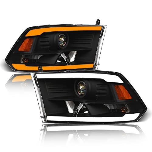 Alpha Owls 8722138 Projector Headlights With Switchback Sequential LED Light Bar & Startup Light - Black Amber Fits 2009-2018 Dodge Ram 1500 2500 3500/2019-2023 Classic Halogen Models - Image 1
