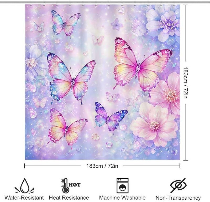 Butterflies and Flowers in a Magical Scene.-2Shower Curtain for Bathroom Waterproof Tan Shower Curtain with Hooks 71 inch x 71 inch - Image 3